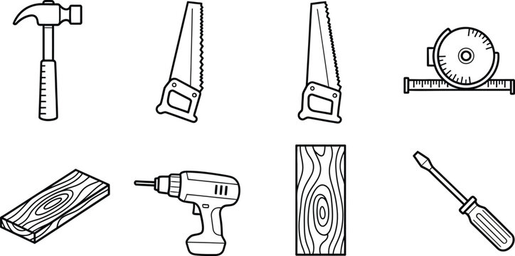 Line of carpentry tools and including hammer, saws, tape measure, drill, screwdriver, and wood planks