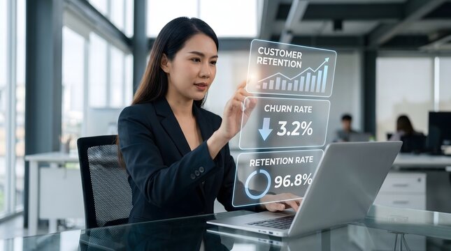 Businesswoman using laptop with holographic dashboard showing customer retention and churn rate data in modern office.