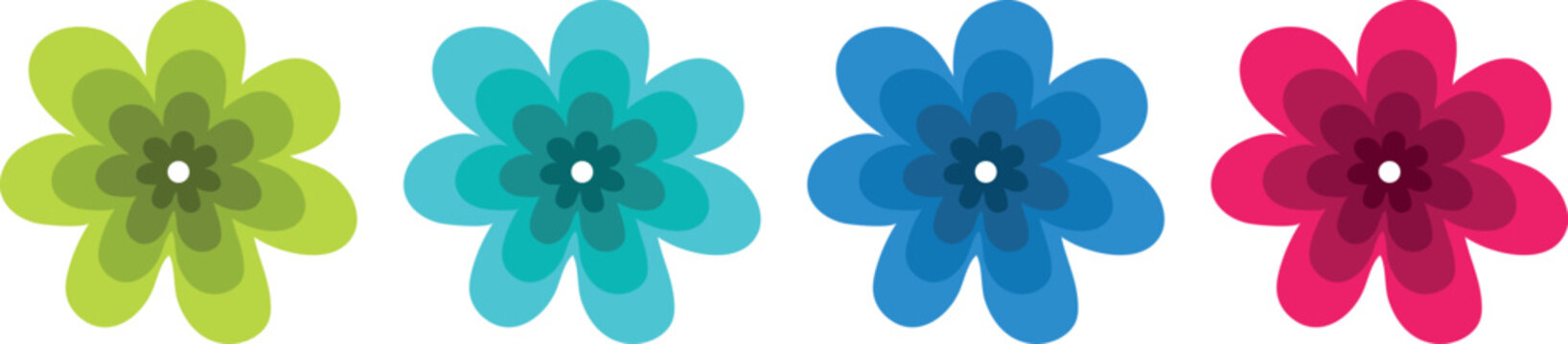 A series of colorful flower vector icons with artistic layered petal designs. Ideal for adding a playful and decorative element to digital or print media