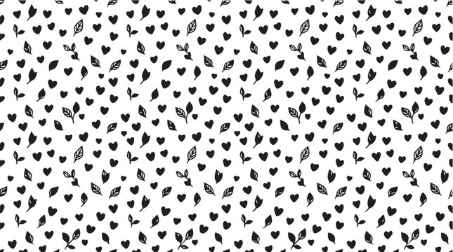 Seamless black and white ditsy pattern with scattered hand drawn hearts and tiny texture leaves