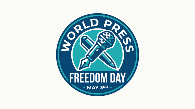 World press freedom day badge vector illustration featuring a microphone and fountain pen icon design for journalistic integrity awareness and media advocacy campaigns on a clean background template