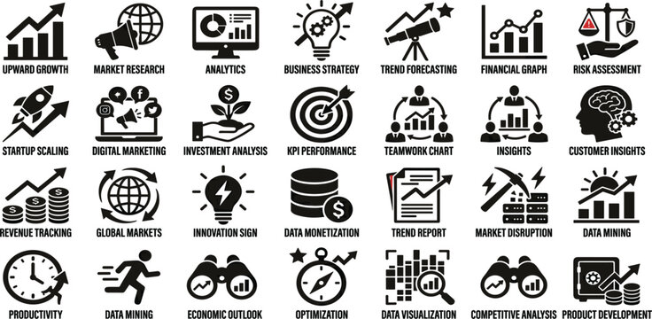 Business Analytics and Market Research Icon Collection Featuring Financial Growth Strategy Innovation and Data Visualization Symbols for Corporate Design Projects