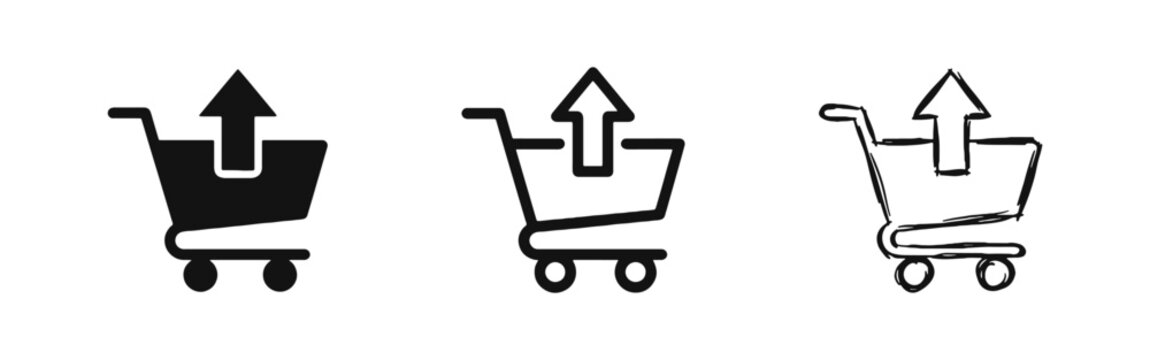 Shopping cart with arrow icon set in solid, outline and doodle styles, export or remove from cart symbol
