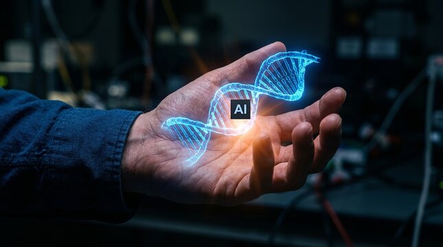Biologist displays a rotating holographic DNA sequence symbolizing the integration of machine learning in genomics.