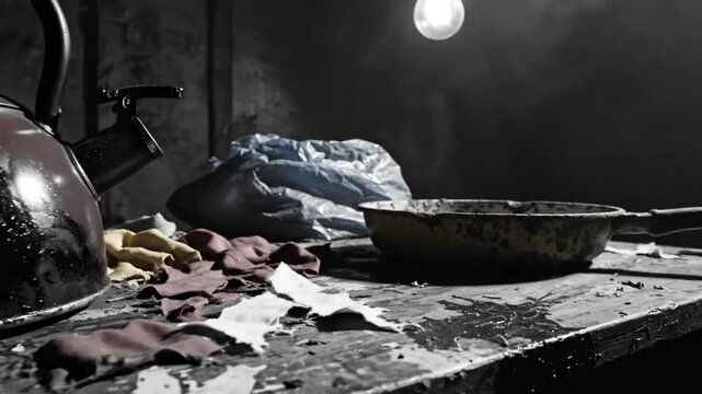 gloomy and desolate kitchen scene with kettle, pan, and trash illuminated by a single lightbulb