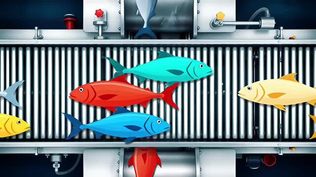 Cartoon style image depicts brightly colored fish traveling down a processing conveyor belt