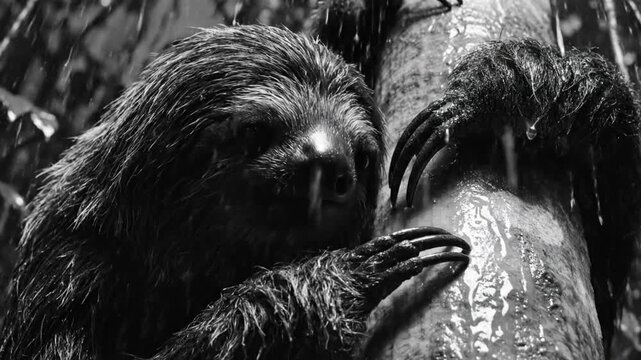 Black and white close up of a sloth clinging to a tree in heavy rain with droplets