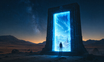 Fototapeta premium person walks into fantastic world through open door, new beginning and life, gates to heaven, afterlife and paradise concept