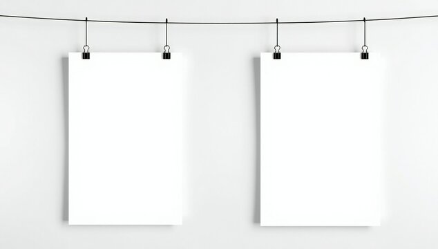 Two blank white vertical posters hanging on a thin black wire with binder clips against white wall
