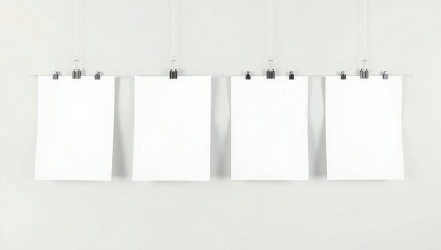 Four blank white vertical paper sheets hanging on a wire with metal binder clips against a wall