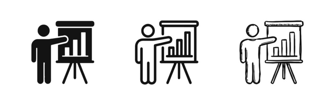 Presentation flipchart icon set in solid, outline and doodle styles, business training and meeting symbol