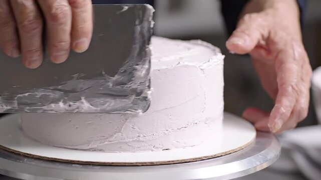 Closeup of a person smoothing frosting on a round cake with a metal bench scraper