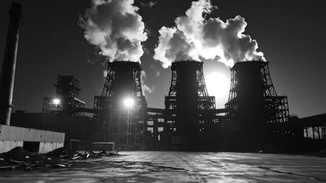 Industrial power plant emitting smoke in black and white silhouette at dusk, environmental pollution
