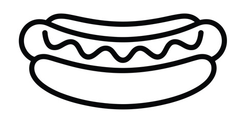 Simple black outline icon of a tasty hotdog with wavy mustard line