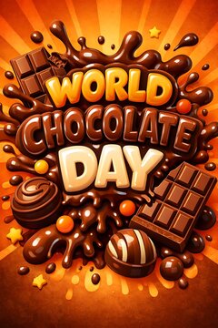 Cartoon world chocolate day poster with glossy 3d lettering and splashy bright orange background art.