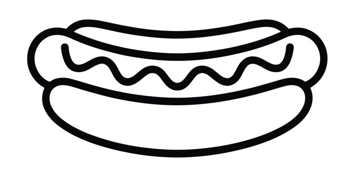 Simple black outline icon of a tasty hotdog with wavy mustard line