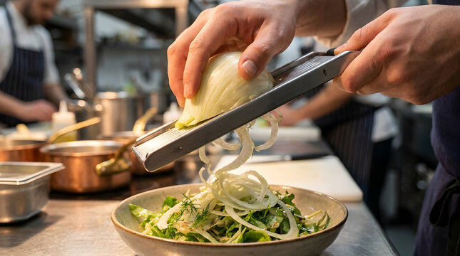 professional chef shaving fresh fennel bulb | using a mandoline slicer for gourmet salad prep | close up of hands slicing vegetables in restaurant kitchen | healthy Mediterranean salad