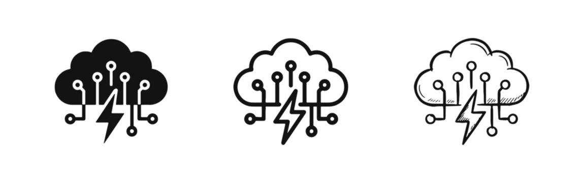 Cloud computing power icons, technology cloud with lightning and circuit