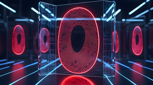 Cybersecurity concept artwork featuring a giant 3D biometric fingerprint in neon red, protected by glass barriers and laser data grids, advanced digital security system render