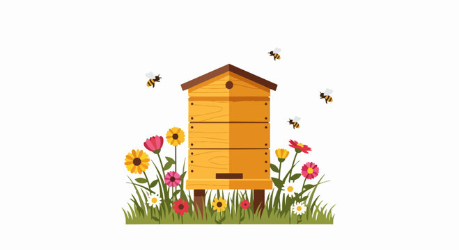 Wooden Beehive in Flower Garden with Flying Honey Bees Vector Illustration. Isolated Beekeeping and Pollination Concept on White Background.