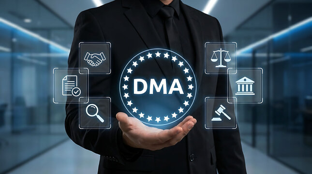 Businessman Presenting DMA Digital Markets Act for Legal Compliance and Governance