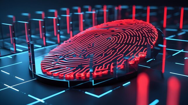 High-tech biometric fingerprint visualization glowing red, secured by transparent energy shields and holographic blue matrix lines, data breach protection concept, sci-fi style