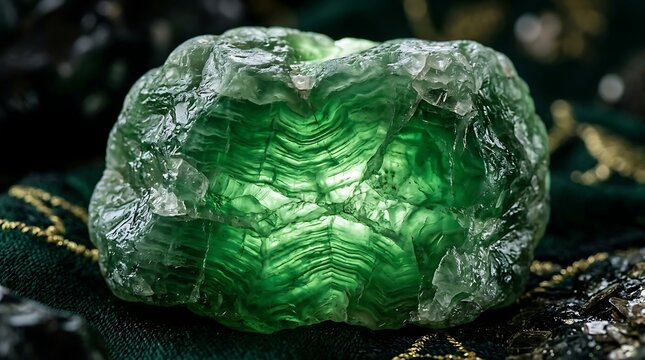 Luminous Green Crystal Formation with Intricate Internal Structure.
