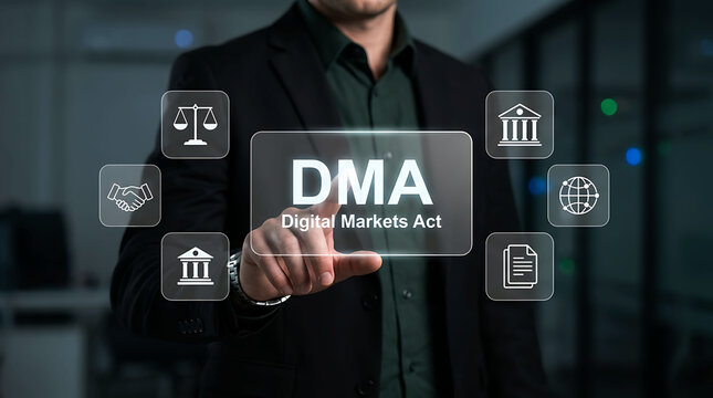 Businessman Using DMA Digital Markets Act Interface for Regulatory Governance
