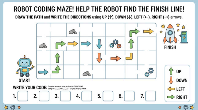 Robot arrow path coding worksheet for preschool