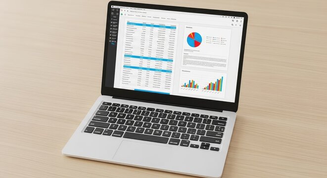 High angle view of an open notebook computer on a minimalist wooden table showing a digital document file with columns and charts on screen, display, digital, pdf
