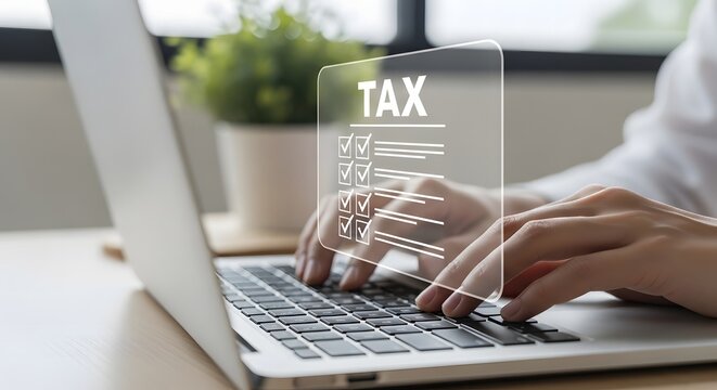 Tax filing concept with laptop and digital interface showing checkmarks and tax text