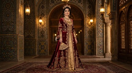 Naklejka premium Elegant Persian woman wearing luxurious attire standing in ornate interior