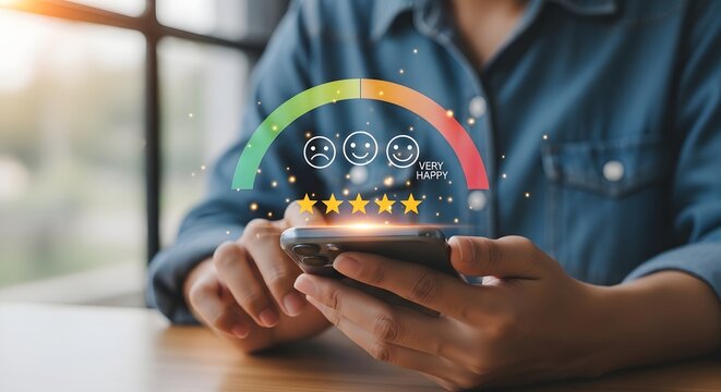 Customer satisfaction survey concept with smartphone and rating scale overlay