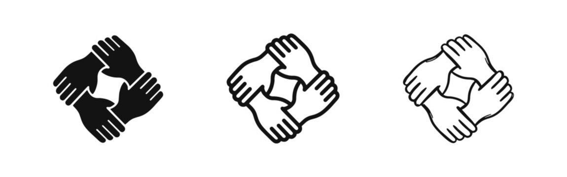 Teamwork and collaboration icons, hands joined in unity symbol