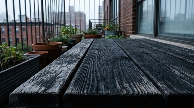 Dark, Weathered Cedar Wood Balcony Table Surface with Urban Cityscape and Potted Plants in the Background