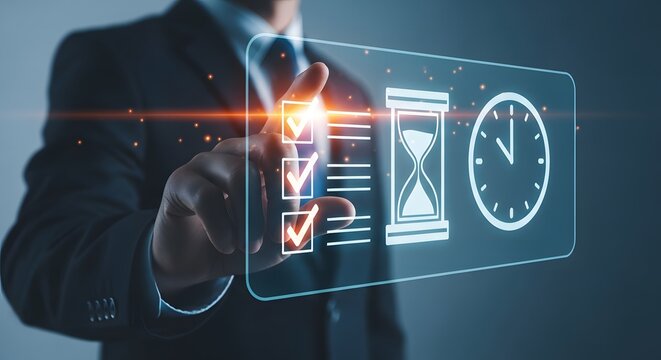 Time management concept with business professional interacting with digital interface