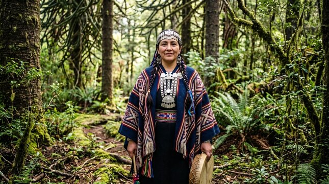 Woman wearing traditional Mapuche attire with silver accessories standing in a dense forest