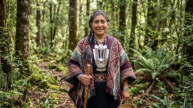 Woman wearing traditional Mapuche attire with silver ornaments in forest