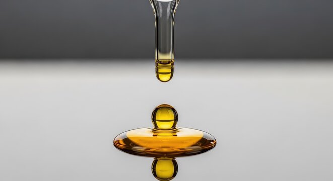 High-quality golden cannabis distillate oil slowly dripping from a glass tip, creating a viscous amber pool on a clean reflective surface, golden, yellow, glass