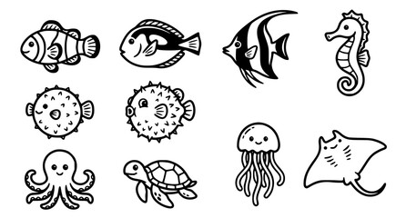 Naklejka premium Cute marine life collection hand drawn black and white sea creature illustrations