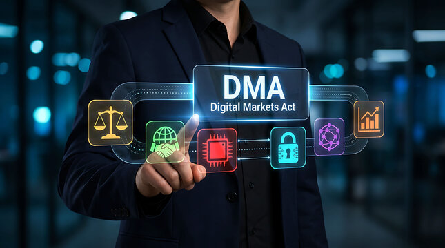 Businessman Using DMA Digital Markets Act Interface for Secure Digital Compliance