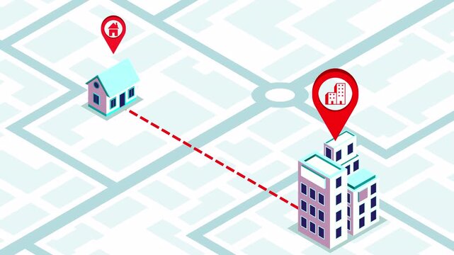 Animated Isometric Route Map from Home to Office with GPS Pins and Navigation Path