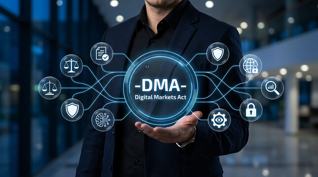 Businessman Presenting DMA Digital Markets Act for Cybersecurity and Compliance