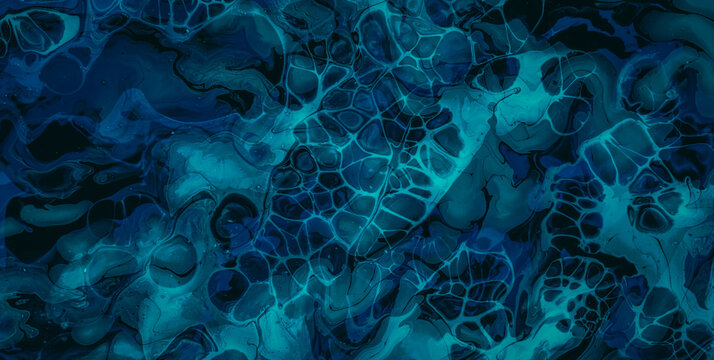 Dark Aquatic Ebru Flows on Abstract Acrylic Canvas