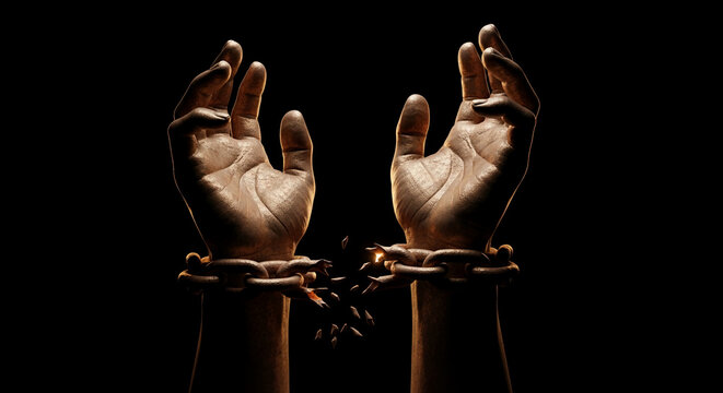 Two hands breaking free from broken chains against a dark background, symbolizing liberation and the overcoming of obstacles.