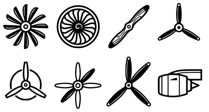 Propeller and turbine blade collection black and white vector graphics