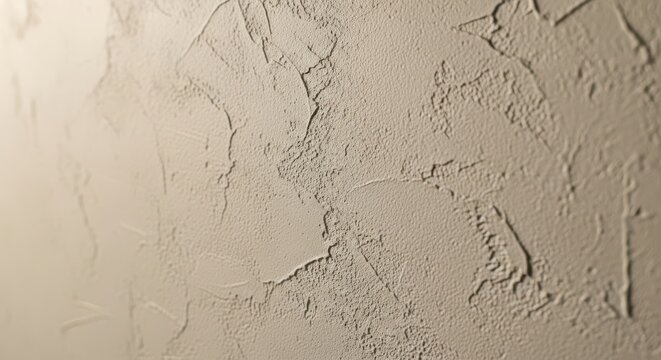 Close up of textured off-white plaster with subtle imperfections, creating a warm and inviting surface.