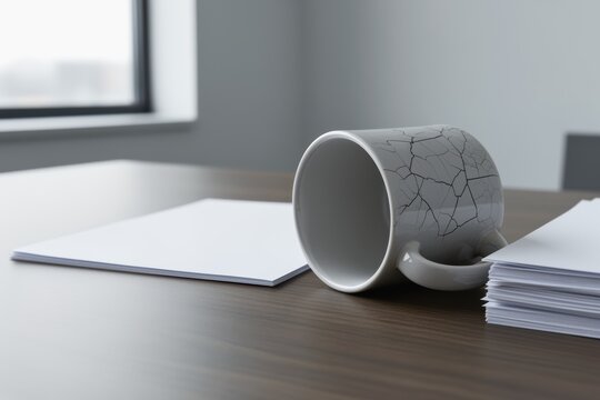 Cracked mug mockup on office desk with stacked papers and empty copyspace area