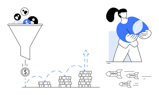 Data analytics, revenue growth, cybersecurity, financial success, threat defense, digital economy. Funnel with data, stacked coins person holding shield and incoming DDoS threats. Data analytics