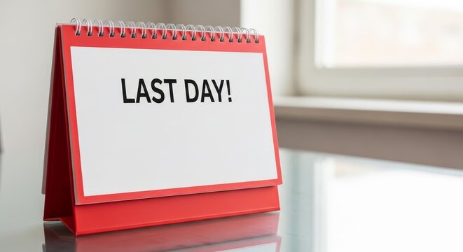 A red spiral desk calendar open to a page displaying 'LAST DAY!' in bold black text, signifying an important date.